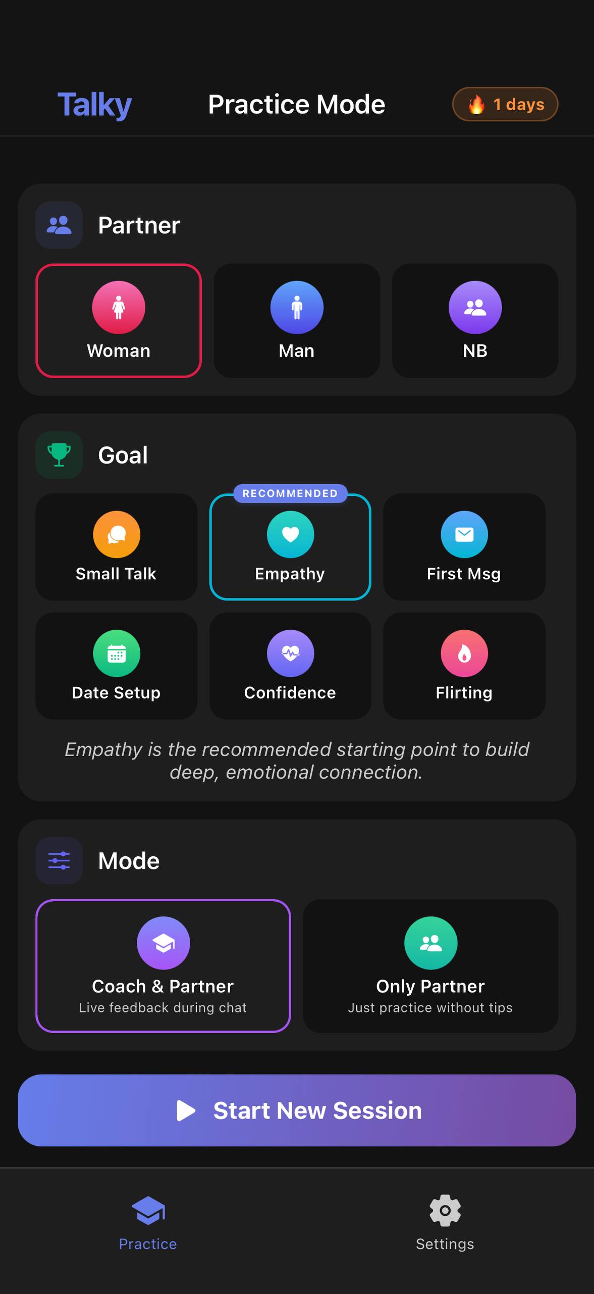 Original Talky practice setup with Empathy selected and Coach & Partner mode
